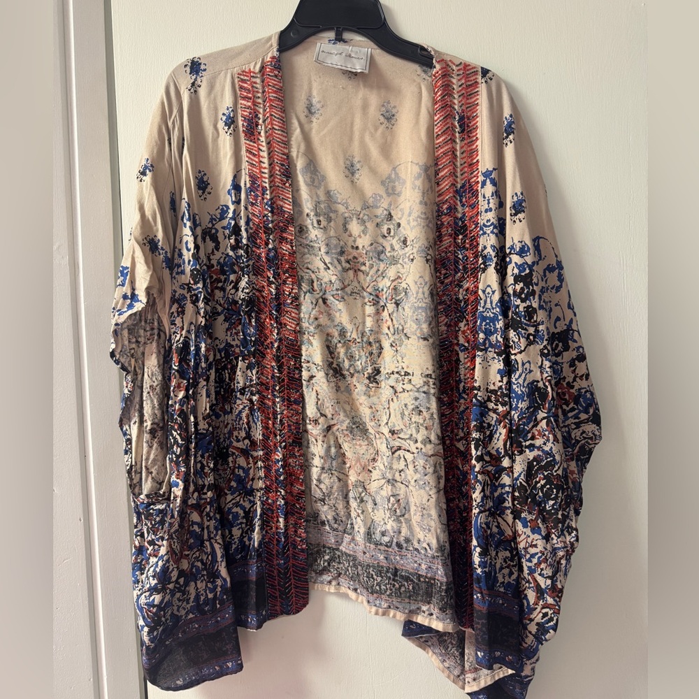 Beige & Blue Printed Boho Kimono Cardigan